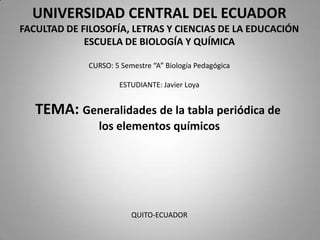 UNIVERSIDAD CENTRAL DEL ECUADOR
FACULTAD DE FILOSOFÍA, LETRAS Y CIENCIAS DE LA EDUCACIÓN
             ESCUELA DE BIOLOGÍA Y QUÍMICA

             CURSO: 5 Semestre “A” Biología Pedagógica

                     ESTUDIANTE: Javier Loya


   TEMA: Generalidades de la tabla periódica de
               los elementos químicos




                         QUITO-ECUADOR
 