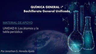 MATERIAL DE APOYO
QUÍMICA GENERAL 1°
Bachillerato General Unificado
UNIDAD II: Los átomos y la
tabla periódica
Por Jonathan S. Heredia Ayala
 