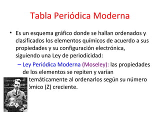 Tabla Periódica Moderna
• Es un esquema gráfico donde se hallan ordenados y
  clasificados los elementos químicos de acuerdo a sus
  propiedades y su configuración electrónica,
  siguiendo una Ley de periodicidad:
   – Ley Periódica Moderna (Moseley): las propiedades
     de los elementos se repiten y varían
     sistemáticamente al ordenarlos según su número
     atómico (Z) creciente.
 