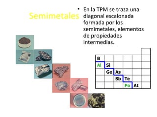 • En la TPM se traza una
Semimetales diagonal escalonada
             formada por los
             semimetales, elementos
             de propiedades
             intermedias.

                    B
                    Al   Si
                         Ge As
                              Sb Te
                                 Po At
 