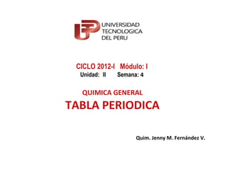 CICLO 2012-I Módulo: I
  Unidad: II   Semana: 4

  QUIMICA GENERAL
TABLA PERIODICA

                     Quim. Jenny M. Fernández V.
 