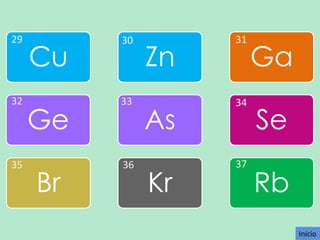 29

32

35

Cu

30

Ge

33

Br

36

Zn

31

Ga

As

34

Se

Kr

37

Rb
Inicio

 