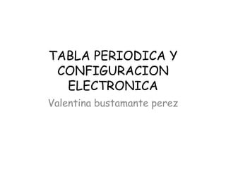 TABLA PERIODICA Y
 CONFIGURACION
  ELECTRONICA
Valentina bustamante perez
 