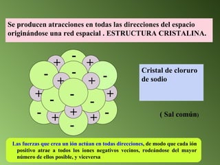 Se producen atracciones en todas las direcciones del espacio originándose una red espacial . ESTRUCTURA CRISTALINA . Cristal de cloruro de sodio  ( Sal común ) - - - - - - - - - - + + + + + + + + + Las fuerzas que crea un ión actúan en todas direcciones , de modo que cada ión positivo atrae a todos los iones negativos vecinos, rodeándose del mayor número de ellos posible, y viceversa 