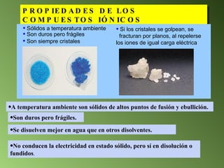 PROPIEDADES DE LOS COMPUESTOS IÓNICOS   Sólidos a temperatura ambiente Son siempre cristales Son duros pero frágiles Si los cristales se golpean, se  fracturan por planos, al repelerse  los iones de igual carga eléctrica A temperatura ambiente son sólidos de altos puntos de fusión y ebullición. Son duros pero frágiles. Se disuelven mejor en agua que en otros disolventes. No conducen la electricidad en estado sólido, pero sí en disolución o fundidos . 