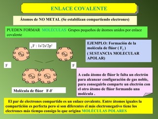 Átomos de NO METAL (Se estabilizan compartiendo electrones) ENLACE COVALENTE A cada átomo de flúor le falta un electrón para alcanzar configuración de gas noble, para conseguirlo comparte un electrón con el otro átomo de flúor formando una molécula . EJEMPLO: Formación de la molécula de flúor ( F 2  )  ( SUSTANCIA MOLECULAR APOLAR )   Molécula de flúor  F-F El par de electrones compartido es un enlace covalente. Entre átomos iguales la compartición es perfecta pero si son diferentes el más electronegativo tiene los electrones más tiempo consigo lo que origina  MOLÉCULAS POLARES PUEDEN FORMAR  MOLÉCULAS   Grupos pequeños de átomos unidos por enlace covalente 9  F : 1s 2 2s 2 2p 5   F F 