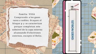 Familia VIIIA
Comprende a los gases
raros o nobles. Ocupan el
bloque p y se caracterizan
porque completan este
subnivel de la capa externa
alcanzando 8 electrones
externos, excepto el Helio.
 