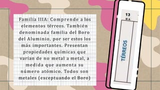 Familia IIIA: Comprende a los
elementos térreos. También
denominada familia del Boro
del Aluminio, por ser estos los
más importantes. Presentan
propiedades químicas que
varían de no metal a metal, a
medida que aumenta su
número atómico. Todos son
metales (exceptuando el Boro)
 