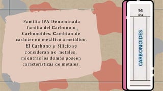Familia IVA Denominada
familia del Carbono o
Carbonoides. Cambian de
carácter no metálico a metálico.
El Carbono y Silicio se
consideran no metales ,
mientras los demás poseen
características de metales.
 