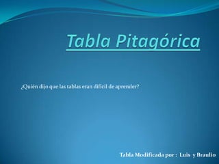 Tabla Pitagórica ¿Quién dijo que las tablas eran difícil de aprender? Tabla Modificada por :  Luis  y Braulio 