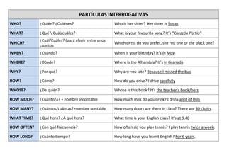 PARTÍCULAS INTERROGATIVAS
WHO?

¿Quién? ¿Quiénes?

Who is her sister? Her sister is Susan

WHAT?

¿Qué?¿Cuál/cuáles?

What is your favourite song? It’s “Corazón Partío”

WHICH?

¿Cuál/Cuáles? (para elegir entre unos
cuantos

Which dress do you prefer, the red one or the black one?

WHEN?

¿Cuándo?

When is your birthday? It’s in May.

WHERE?

¿Dónde?

Where is the Alhambra? It’s in Granada

WHY?

¿Por qué?

Why are you late? Because I missed the bus

HOW?

¿Cómo?

How do you drive? I drive carefully

WHOSE?

¿De quién?

Whose is this book? It’s the teacher’s book/hers

HOW MUCH?

¿Cuánto/a? + nombre incontable

How much milk do you drink? I drink a lot of milk

HOW MANY?

¿Cuántos/cuántas?+nombre contable

How many doors are there in class? There are 30 chairs.

WHAT TIME?

¿Qué hora? ¿A qué hora?

What time is your English class? It’s at 9.40

HOW OFTEN?

¿Con qué frecuencia?

How often do you play tennis? I play tennis twice a week.

HOW LONG?

¿Cuánto tiempo?

How long have you learnt English? For 6 years.

 