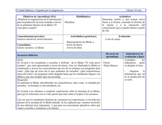Unidad didáctica: Viajando por la imaginación. Horas: 45 min.
Objetivos de Aprendizaje (OA)
-Planificar la organización de la información,
para la producción de texto tomadas a través
de un préstamo literario de la fábula “El
viejo perro cazador”
Habilidad(es)
-Planificar
Actitud(es)
Demostrar interés y una actitud activa
frente a la lectura, orientada al disfrute de
la misma y a la valoración del
conocimiento que se puede obtener a partir
de ella.
Conocimiento(s) previo(s)
Géneros narrativos; textos literarios.
Actividad(es) genérica(s)
Representación de fábula, a
través de títeres.
Lluvia de ideas.
Evaluación
-Lista de cotejo.
Contenido(s)
Género narrativo: la fábula
Secuencia didáctica
Recursos de
aprendizaje
Indicador(es) de
evaluación o logro
Inicio
Se invitará a los estudiantes a escuchar y disfrutar de la fábula “El viejo perro
cazador”, que será representada a través de títeres. Una vez finalizada la fábula se
comenzarán a activar los conocimientos previos de los alumnos con preguntas tales
como: ¿Qué tipo de texto fue el que acabamos de escuchar? ¿Qué características
tenía este texto?, las preguntas serán dirigidas hasta que los estudiantes lleguen a la
fábula y que ésta siempre deja una moraleja.
-Títeres
- Hojas blancas.
-Considera los
indicadores, quién
va dirigido el texto.
- Organiza la
información que irá
en la producción de
su texto.Desarrollo
Se analizará la fábula, descubriendo sus características, tales como: es relatada por
animales, la moraleja es una enseñanza, etc,
Se invitará a los alumnos a compartir experiencias sobre la moraleja de la fábula,
para que la relacionen con su vida, puesto que trata sobre el respeto a los ancianos.
Una vez que los estudiantes finalizan de comunicar sus experiencias, se les pide que
piensen en la moraleja de la fábula relatada. Se les explicará que seremos escritores
de una editorial muy importante y que para eso necesitamos planificar sobre qué
vamos a escribir y comunicar a los demás.
 