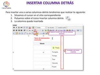 Insertar columna detrásPara insertar una o varias columnas detrás tendremos que realizar lo siguiente:Situamos el cursor en el sitio correspondientePulsamos sobre el icono Insertar columna detrás  La columna queda insertada