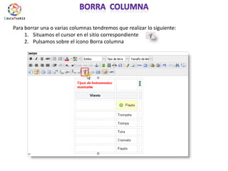 Borra  columna Para borrar una o varias columnas tendremos que realizar lo siguiente:Situamos el cursor en el sitio correspondiente Pulsamos sobre el icono Borra columna