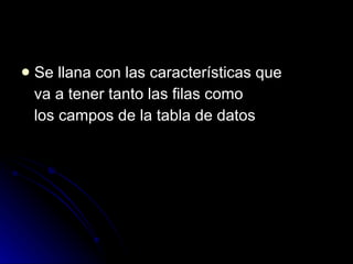 Se llana con las características que  va a tener tanto las filas como los campos de la tabla de datos 