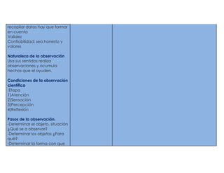 recopilar datos hay que formar
en cuenta
Validez
Confiabilidad: sea honesto y
valores

Naturaleza de la observación
Usa sus sentidos realiza
observaciones y acumula
hechos que el ayuden.

Condiciones de la observación
científica
 Etapa
1)Atención
2)Sensación
3)Percepción
4)Reflexión

Pasos de la observación.
-Determinar el objeto, situación
¿Qué se a observar?
-Determinar los objetos ¿Para
qué?
-Determinar la forma con que
 