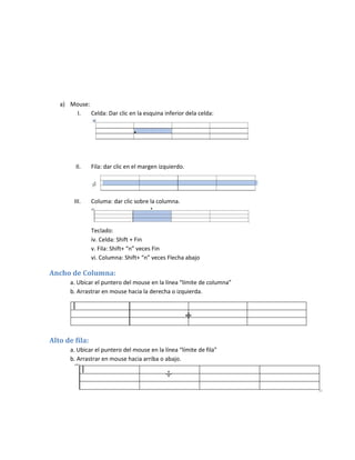 a) Mouse:
I.
Celda: Dar clic en la esquina inferior dela celda:

II.

Fila: dar clic en el margen izquierdo.

III.

Columa: dar clic sobre la columna.

Teclado:
iv. Celda: Shift + Fin
v. Fila: Shift+ “n” veces Fin
vi. Columna: Shift+ “n” veces Flecha abajo

Ancho de Columna:
a. Ubicar el puntero del mouse en la línea “límite de columna”
b. Arrastrar en mouse hacia la derecha o izquierda.

Alto de fila:
a. Ubicar el puntero del mouse en la línea “límite de fila”
b. Arrastrar en mouse hacia arriba o abajo.

 