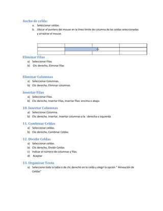 Ancho de celda:
a. Seleccionar celdas.
b. Ubicar el puntero del mouse en la línea límite de columna de las celdas seleccionadas
y arrastrar el mouse.

Eliminar Filas
a) Seleccionar Filas
b) Clic derecho, Eliminar filas

Eliminar Columnas
a) Seleccionar Columnas.
b) Clic derecho, Eliminar columnas

Insertar Filas
a) Seleccionar Filas.
b) Clic derecho, Insertar Filas, Insertar filas: encima o abajo.

10. Insertar Columnas
a) Seleccionar Columna.
b) Clic derecho, Insertar, Insertar columnas a la : derecha o izquierda

11. Combinar Celdas
a) Seleccionar celdas.
b) Clic derecho, Combinar Celdas

12. Dividir Celdas
a) Seleccionar celdas.
b) Clic derecho, Dividir Celdas
c) Indicar el número de columnas y filas.
d) Aceptar

13. Organizar Texto
a) Seleccione toda la tabla o de clic derecho en la celda y elegir la opción “ Alineación de
Celdas”

 