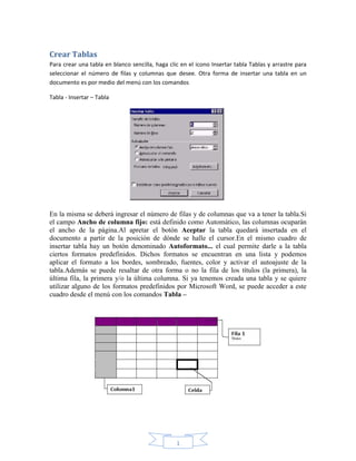 Crear Tablas
Para crear una tabla en blanco sencilla, haga clic en el icono Insertar tabla Tablas y arrastre para
seleccionar el número de filas y columnas que desee. Otra forma de insertar una tabla en un
documento es por medio del menú con los comandos
Tabla - Insertar – Tabla

En la misma se deberá ingresar el número de filas y de columnas que va a tener la tabla.Si
el campo Ancho de columna fijo: está definido como Automático, las columnas ocuparán
el ancho de la página.Al apretar el botón Aceptar la tabla quedará insertada en el
documento a partir de la posición de dónde se halle el cursor.En el mismo cuadro de
insertar tabla hay un botón denominado Autoformato... el cual permite darle a la tabla
ciertos formatos predefinidos. Dichos formatos se encuentran en una lista y podemos
aplicar el formato a los bordes, sombreado, fuentes, color y activar el autoajuste de la
tabla.Además se puede resaltar de otra forma o no la fila de los títulos (la primera), la
última fila, la primera y/o la última columna. Si ya tenemos creada una tabla y se quiere
utilizar alguno de los formatos predefinidos por Microsoft Word, se puede acceder a este
cuadro desde el menú con los comandos Tabla –

1

 