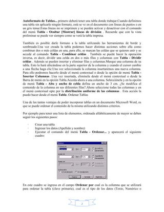 Autoformato de Tablas... primero deberá tener una tabla donde trabajar.Cuando definimos
una tabla sin aplicarle ningún formato, está se ve en el documento con líneas de puntos o en
un gris tenue.Estas líneas no se imprimen y se pueden activar y desactivar con el comando
del menú Tabla - Ocultar [Mostrar] líneas de división . Recuerde que con la vista
preliminar se puede ver siempre como se verá la tabla impresa.
También es posible darle formato a la tabla utilizando las herramientas de borde y
sombreado.Una vez creada la tabla podemos hacer distintas acciones sobre ella como
combinar dos o más celdas en una, para ello, se marcan las celdas que se quieren unir y se
accede al comando Tabla - Combinar celdas . También se puede hacer la operación
inversa, es decir, dividir una celda en dos o más filas y columnas con Tabla - Dividir
celdas . Además se pueden insertar y eliminar filas y columnas.Marque una columna de su
tabla. Esto lo hará ubicándose en la parte superior de la columna y cuando el cursor cambie
a una flecha haga clic.Una vez seleccionada la columna insertaremos una nueva columna.
Para ello podremos hacerlo desde el menú contextual o desde la opción de menú Tabla Insertar Columnas .Una vez insertada, elimínela desde el menú contextual o desde la
Barra de menú en la opción Tabla.Acceda ahora a una columna. Selecciónela y en la opción
de menú Tabla - Alto y ancho de celda defina un ancho de 3 cm. ¿Se modifica el
contenido de la columna en sus diferentes filas?.Ahora seleccione todas las columnas y en
el menú contextual opte por la distribución uniforme de las columnas . Esta acción la
puedo hacer desde el menú Tabla .Ordenar Tablas
Una de las tantas ventajas de poder incorporar tablas en un documento Microsoft Word, es
que se puede ordenar el contenido de la misma utilizando distintos criterios.
Por ejemplo para tener una lista de elementos, ordenada alfabéticamente de mayor se deben
seguir los siguientes pasos:
·
·
·

Crear una tabla
Ingresar los datos (Apellido y nombre)
Ejecutar el comando del menú Tabla - Ordenar... y aparecerá el siguiente
cuadro:

En este cuadro se ingresa en el campo Ordenar por cual es la columna que se utilizará
para ordenar la tabla (clave primaria), cual es el tipo de los datos (Texto, Numérico o

2

 