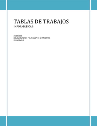 TABLAS DE TRABAJOS
INFORMATICA I
30/12/2013
ESCUELA SUPERIOR POLITECNICA DE CHIMBORAZO
KEVIN REVELO

 