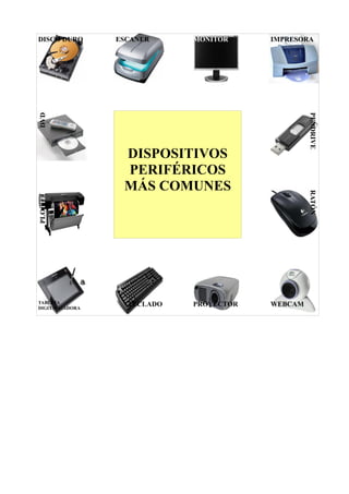 DISCO DURO ESCANER MONITOR IMPRESORA
DVD
DISPOSITIVOS
PERIFÉRICOS
MÁS COMUNES PENDRIVE
PLOTTER
RATÓN
TABLETA
DIGITALIZADORA TECLADO PROYECTOR WEBCAM