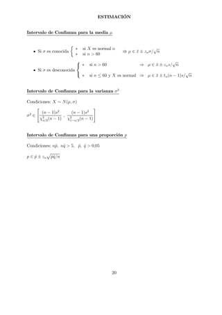ESTIMACIÓN
Intervalo de Conﬁanza para la media µ
Si σ es conocida
½
∗ si X es normal o
∗ si n > 60
V µ ∈ ¯x ± zασ/
√
n
Si σ es desconocida



∗ si n > 60 ⇒ µ ∈ ¯x ± zαs/
√
n
∗ si n ≤ 60 y X es normal ⇒ µ ∈ ¯x ± tα(n − 1)s/
√
n
Intervalo de Conﬁanza para la varianza σ2
Condiciones: X ∼ N(µ, σ)
σ2
∈
"
(n − 1)s2
χ2
α/2(n − 1)
,
(n − 1)s2
χ2
1−α/2(n − 1)
#
Intervalo de Conﬁanza para una proporción p
Condiciones: nˆp, nˆq > 5, ˆp, ˆq > 0,05
p ∈ ˆp ± zα
p
ˆpˆq/n
20
 