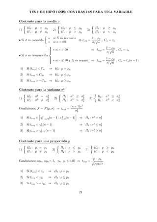 TEST DE HIPÓTESIS: CONTRASTES PARA UNA VARIABLE
Contraste para la media µ
1)
½
H0 : µ = µ0
H1 : µ 6= µ0
2)
½
H0 : µ ≤ µ0
H1 : µ > µ0
3)
½
H0 : µ ≥ µ0
H1 : µ < µ0
• Si σ es conocida
½
∗ si X es normal o
∗ si n > 60
V texp =
¯x − µ0
σ/
√
n
, Cα = zα
• Si σ es desconocida



∗ si n > 60 ⇒ texp =
¯x − µ0
s/
√
n
, Cα = zα
∗ si n ≤ 60 y X es normal ⇒ texp =
¯x − µ0
s/
√
n
, Cα = tα(n − 1)
1) Si |texp| < Cα ⇒ H0 : µ = µ0
2) Si texp < C2α ⇒ H0 : µ ≤ µ0
3) Si texp > −C2α ⇒ H0 : µ ≥ µ0
Contraste para la varianza σ2
1)
½
H0 : σ2
= σ2
0
H1 : σ2
6= σ2
0
2)
½
H0 : σ2
≤ σ2
0
H1 : σ2
> σ2
0
3)
½
H0 : σ2
≥ σ2
0
H1 : σ2
< σ2
0
Condiciones: X ∼ N(µ, σ) ⇒ texp =
(n − 1)s2
σ2
0
1) Si texp ∈
h
χ2
1−α/2(n − 1), χ2
α/2(n − 1)
i
⇒ H0 : σ2
= σ2
0
2) Si texp < χ2
α(n − 1) ⇒ H0 : σ2
≤ σ2
0
3) Si texp > χ2
1−α(n − 1) ⇒ H0 : σ2
≥ σ2
0
Contraste para una proporción p
1)
½
H0 : p = p0
H1 : p 6= p0
2)
½
H0 : p ≤ p0
H1 : p > p0
3)
½
H0 : p ≥ p0
H1 : p < p0
Condiciones: np0, nq0 > 5, p0, q0 > 0,05 ⇒ texp =
ˆp − p0
p
p0q0/n
1) Si |texp| < zα ⇒ H0 : p = p0
2) Si texp < z2α ⇒ H0 : p ≤ p0
3) Si texp > −z2α ⇒ H0 : p ≥ p0
21
 