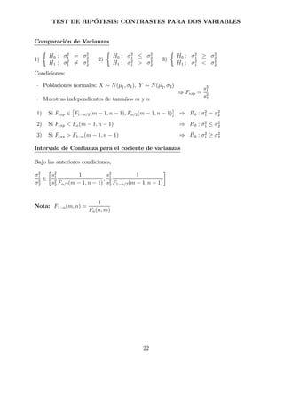 TEST DE HIPÓTESIS: CONTRASTES PARA DOS VARIABLES
Comparación de Varianzas
1)
½
H0 : σ2
1 = σ2
2
H1 : σ2
1 6= σ2
2
2)
½
H0 : σ2
1 ≤ σ2
2
H1 : σ2
1 > σ2
2
3)
½
H0 : σ2
1 ≥ σ2
2
H1 : σ2
1 < σ2
2
Condiciones:
· Poblaciones normales: X ∼ N(µ1, σ1), Y ∼ N(µ2, σ2)
· Muestras independientes de tamaños m y n
V Fexp =
s2
1
s2
2
1) Si Fexp ∈
£
F1−α/2(m − 1, n − 1), Fα/2(m − 1, n − 1)
¤
⇒ H0 : σ2
1 = σ2
2
2) Si Fexp < Fα(m − 1, n − 1) ⇒ H0 : σ2
1 ≤ σ2
2
3) Si Fexp > F1−α(m − 1, n − 1) ⇒ H0 : σ2
1 ≥ σ2
2
Intervalo de Conﬁanza para el cociente de varianzas
Bajo las anteriores condiciones,
σ2
1
σ2
2
∈
·
s2
1
s2
2
1
Fα/2(m − 1, n − 1)
,
s2
1
s2
2
1
F1−α/2(m − 1, n − 1)
¸
Nota: F1−α(m, n) =
1
Fα(n, m)
22
 