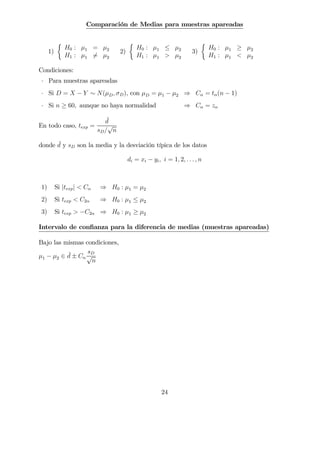 Comparación de Medias para muestras apareadas
1)
½
H0 : µ1 = µ2
H1 : µ1 6= µ2
2)
½
H0 : µ1 ≤ µ2
H1 : µ1 > µ2
3)
½
H0 : µ1 ≥ µ2
H1 : µ1 < µ2
Condiciones:
· Para muestras apareadas
· Si D = X − Y ∼ N(µD, σD), con µD = µ1 − µ2 ⇒ Cα = tα(n − 1)
· Si n ≥ 60, aunque no haya normalidad ⇒ Cα = zα
En todo caso, texp =
¯d
sD/
√
n
donde ¯d y sD son la media y la desviación típica de los datos
di = xi − yi, i = 1, 2, . . . , n
1) Si |texp| < Cα ⇒ H0 : µ1 = µ2
2) Si texp < C2α ⇒ H0 : µ1 ≤ µ2
3) Si texp > −C2α ⇒ H0 : µ1 ≥ µ2
Intervalo de conﬁanza para la diferencia de medias (muestras apareadas)
Bajo las mismas condiciones,
µ1 − µ2 ∈ ¯d ± Cα
sD
√
n
24
 