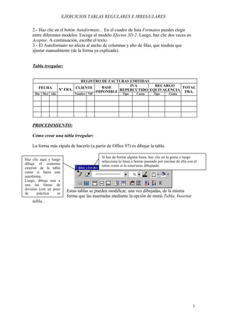 EJERCICIOS TABLAS REGULARES E IRREGULARES
2.- Haz clic en el botón Autoformato... En el cuadro de lista Formatos puedes elegir
entre diferentes modelos. Escoge el modelo Efectos 3D 2. Luego, haz clic dos veces en
Aceptar. A continuación, escribe el texto.
3.- El Autoformato no afecta al ancho de columnas y alto de filas, que tendrás que
ajustar manualmente (de la forma ya explicada).
Tabla irregular:
REGISTRO DE FACTURAS EMITIDAS
FECHA Nº FRA. CLIENTE BASE
IMPONIBLE
IVA
REPERCUTIDO
RECARGO
EQUIVALENCIA
TOTAL
FRA.
Día Mes Año Nombre NIF Tipo Cuota Tipo Cuota
PROCEDIMIENTO:
Cómo crear una tabla irregular:
La forma más rápida de hacerlo (a partir de Office 97) es dibujar la tabla:
Estas tablas se pueden modificar, una vez dibujadas, de la misma
forma que las insertadas mediante la opción de menú Tabla, Insertar
tabla...
3
Haz clic aquí y luego
dibuja el contorno
exterior de la tabla
como si fuera una
autoforma.
Luego, dibuja una a
una las líneas de
división (con un poco
de práctica se
aprende)
Si has de borrar alguna línea, haz clic en la goma y luego
selecciona la línea a borrar pasando por encima de ella con el
ratón como si la estuvieras dibujando
 