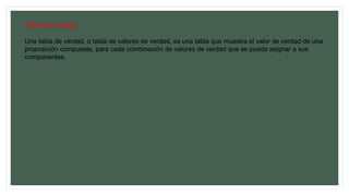 Tabla de verdad
Una tabla de verdad, o tabla de valores de verdad, es una tabla que muestra el valor de verdad de una
proposición compuesta, para cada combinación de valores de verdad que se pueda asignar a sus
componentes.
 