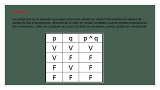 Conjunción
La conjunción es un operador que opera sobre dos valores de verdad, típicamente los valores de
verdad de dos proposiciones, devolviendo el valor de verdad verdadero cuando ambas proposiciones
son verdaderas, y falso en cualquier otro caso. Es decir es verdadera cuando ambas son verdaderas
 