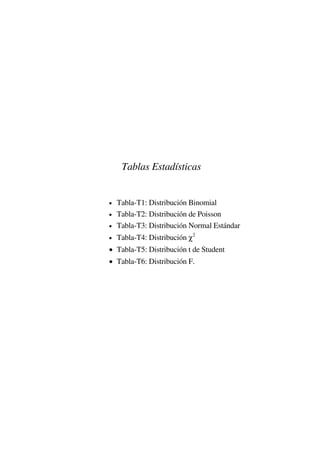 Tablas Estadísticas
• Tabla-T1: Distribución Binomial
• Tabla-T2: Distribución de Poisson
• Tabla-T3: Distribución Normal Estándar
• Tabla-T4: Distribución χ2
• Tabla-T5: Distribución t de Student
• Tabla-T6: Distribución F.
 