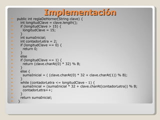 Implementación public int reglaDeHorner(String clave) { int longitudClave = clave.length(); if (longitudClave > 15) { longitudClave = 15; } int sumaInicial; int contadorLetra = 2; if (longitudClave == 0) { return 0; } else if (longitudClave == 1) { return (clave.charAt(0) * 32) % B; } else { sumaInicial = ( (clave.charAt(0) * 32 + clave.charAt(1)) % B); } while (contadorLetra <= longitudClave - 1) { sumaInicial = (sumaInicial * 32 + clave.charAt(contadorLetra)) % B; contadorLetra++; } return sumaInicial; }