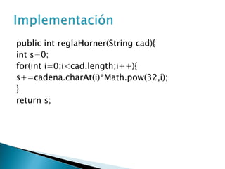 public int reglaHorner(String cad){ int s=0; for(int i=0;i<cad.length;i++){ s+=cadena.charAt(i)*Math.pow(32,i); } return s; 