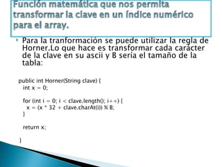 Para la tranformación se puede utilizar la regla de Horner.Lo que hace es transformar cada carácter de la clave en su ascii y B sería el tamaño de la tabla: public int Horner(String clave) { int x = 0; for (int i = 0; i < clave.length(); i++) { x = (x * 32 + clave.charAt(i)) % B; } return x; }
