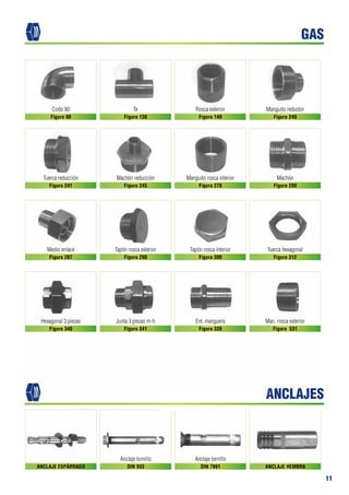11
Codo 90
Tuerca reducción
Medio enlace
Hexagonal 3 piezas
Te
Machón reducción
Tapón rosca exterior
Junta 3 piezas m-h
Rosca exterior
Manguito rosca interior
Tapón rosca interior
Ent. manguera
Manguito reductor
Machón
Tuerca hexagonal
Man. rosca exterior
Figura 90
Figura 241
Figura 287
Figura 340
Figura 130
Figura 245
Figura 290
Figura 341
Figura 149
Figura 270
Figura 300
Figura 339
Figura 240
Figura 280
Figura 312
Figura 531
Anclaje tornillo Anclaje tornillo
ANCLAJE ESPÁRRAGO DIN 933 DIN 7991 ANCLAJE HEMBRA
GAS
ANCLAJES
 