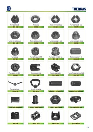 5
Tuerca almenada Tuerca baja Tuerca almenada baja Tuerca almenada baja
Tuerca con autoseguro Tuerca autoseguro alta Tuerca autoseguro baja Tuerca autoseguro ciega
Tuerca ciega Tuerca hexagonal 1,5 Tuerca con arandela 1,5 Tuerca hexagonal = 3d
Tuerca con arandela Inserto para metal Inserto para madera Tuerca hexagonal seguridad
Tuerca mariposa Argolla forma lira
DIN 935 DIN 936 DIN 937 DIN 979
DIN 980 DIN 982 DIN 985 DIN 986
DIN 1587 DIN 6330 DIN 6331 DIN 6334
DIN 6923 DIN 7965 DIN 7965 M DIN 7967
DIN 80701 DIN 80704 MANGUITO CILÍNDRICO MANGUITO HEXAGONAL
TUERCA REMACHABLE
PHILIDA
TUERCA REMACHABLE
INVIOLABLE
TUERCA INSERTABLE
ENJAULADA
TUERCA DE SOLDAR
TUERCA GUÍA
TUERCAS
 