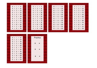 8 x 1 = 8
8 x 2 = 16
8 x 3 = 24
8 x 4 = 32
8 x 5 = 40
8 x 6 = 48
8 x 7 = 56
8 x 8 = 64
8 x 9 = 72
8 x 10 = 80
8 x 11 = 88
8 x 12 = 96
9 x 1 = 9
9 x 2 = 18
9 x 3 = 27
9 x 4 = 36
9 x 5 = 45
9 x 6 = 54
9 x 7 = 63
9 x 8 = 72
9 x 9 = 81
9 x 10 = 90
9 x 11 = 99
9 x 12 = 108
10 x 1 = 10
10 x 2 = 20
10 x 3 = 30
10 x 4 = 40
10 x 5 = 50
10 x 6 = 60
10 x 7 = 70
10 x 8 = 80
10 x 9 = 90
10 x 10 = 100
10 x 11 = 110
10 x 12 = 120
11 x 1 = 11
11 x 2 = 22
11 x 3 = 33
11 x 4 = 44
11 x 5 = 55
11 x 6 = 66
11 x 7 = 77
11 x 8 = 88
11 x 9 = 99
11 x 10 = 110
11 x 11 = 121
11 x 12 = 132
12 x 1 = 12
12 x 2 = 24
12 x 3 = 36
12 x 4 = 48
12 x 5 = 60
12 x 6 = 72
12 x 7 = 84
12 x 8 = 96
12 x 9 = 108
12 x 10 = 120
12 x 11 = 132
12 x 12 = 144
Practica
x =
x =
x =
 