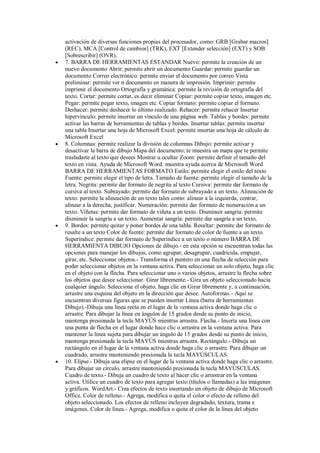 







activación de diversas funciones propias del procesador, como: GRB [Grabar macros]
(REC), MCA [Control de cambios] (TRK), EXT [Extender selección] (EXT) y SOB
[Sobrescribir] (OVR).
7. BARRA DE HERRAMIENTAS ESTANDAR Nuevo: permite la creación de un
nuevo documento Abrir: permite abrir un documento Guardar: permite guardar un
documento Correo electrónico: permite enviar el documento por correo Vista
preliminar: permite ver n documento en manera de impresión. Imprimir: permite
imprimir el documento Ortografía y gramática: permite la revisión de ortografía del
texto. Cortar: permite cortar, es decir eliminar Copiar: permite copiar texto, imagen etc.
Pegar: permite pegar texto, imagen etc. Copiar formato: permite copiar el formato.
Deshacer: permite deshacer lo último realizado. Rehacer: permite rehacer Insertar
hipervínculo: permite insertar un vínculo de una página web. Tablas y bordes: permite
activar las barras de herramientas de tablas y bordes. Insertar tablas: permite insertar
una tabla Insertar una hoja de Microsoft Excel: permite insertar una hoja de cálculo de
Microsoft Excel
8. Columnas: permite realizar la división de columnas Dibujo: permite activar y
desactivar la barra de dibujo Mapa del documento: te muestra un mapa que te permite
trasladarte al texto que desees Mostrar u ocultar Zoom: permite definir el tamaño del
texto en vista. Ayuda de Microsoft Word: muestra ayuda acerca de Microsoft Word
BARRA DE HERRAMIENTAS FORMATO Estilo: permite elegir el estilo del texto
Fuente: permite elegir el tipo de letra. Tamaño de fuente: permite elegir el tamaño de la
letra. Negrita: permite dar formato de negrita al texto Cursiva: permite dar formato de
cursiva al texto. Subrayado: permite dar formato de subrayado a un texto. Alineación de
texto: permite la alineación de un texto tales como: alinear a la izquierda, centrar,
alinear a la derecha, justificar. Numeración: permite dar formato de numeración a un
texto. Viñetas: permite dar formato de viñeta a un texto. Disminuir sangría: permite
disminuir la sangría a un texto. Aumentar sangría: permite dar sangría a un texto,
9. Bordes: permite quitar y poner bordes de una tabla. Resaltar: permite dar formato de
resalte a un texto Color de fuente: permite dar formato de color de fuente a un texto.
Superíndice: permite dar formato de Superíndice a un texto o número BARRA DE
HERRAMIENTA DIBUJO Opciones de dibujo.- en esta opción se encuentran todas las
opciones para manejar los dibujos, como agrupar, desagrupar, cuadricula, empujar,
girar, etc. Seleccionar objetos.- Transforma el puntero en una flecha de selección para
poder seleccionar objetos en la ventana activa. Para seleccionar un solo objeto, haga clic
en el objeto con la flecha. Para seleccionar uno o varios objetos, arrastre la flecha sobre
los objetos que desee seleccionar. Girar libremente.- Gira un objeto seleccionado hacia
cualquier ángulo. Seleccione el objeto, haga clic en Girar libremente y, a continuación,
arrastre una esquina del objeto en la dirección que desee. Autoformas.- Aquí se
encuentran diversas figuras que se pueden insertar Línea (barra de herramientas
Dibujo).-Dibuja una línea recta en el lugar de la ventana activa donde haga clic o
arrastre. Para dibujar la línea en ángulos de 15 grados desde su punto de inicio,
mantenga presionada la tecla MAYÚS mientras arrastra. Flecha.- Inserta una línea con
una punta de flecha en el lugar donde hace clic o arrastra en la ventana activa. Para
mantener la línea sujeta para dibujar un ángulo de 15 grados desde su punto de inicio,
mantenga presionada la tecla MAYÚS mientras arrastra. Rectángulo.- Dibuja un
rectángulo en el lugar de la ventana activa donde haga clic o arrastre. Para dibujar un
cuadrado, arrastre manteniendo presionada la tecla MAYÚSCULAS.
10. Elipse.- Dibuja una elipse en el lugar de la ventana activa donde haga clic o arrastre.
Para dibujar un círculo, arrastre manteniendo presionada la tecla MAYÚSCULAS.
Cuadro de texto.- Dibuja un cuadro de texto al hacer clic o arrastrar en la ventana
activa. Utilice un cuadro de texto para agregar texto (títulos o llamadas) a las imágenes
y gráficos. WordArt.- Crea efectos de texto insertando un objeto de dibujo de Microsoft
Office. Color de relleno.- Agrega, modifica o quita el color o efecto de relleno del
objeto seleccionado. Los efectos de relleno incluyen degradado, textura, trama e
imágenes. Color de línea.- Agrega, modifica o quita el color de la línea del objeto

 