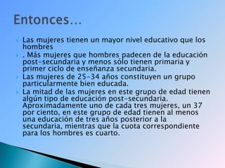 Las mujeres tienen un mayor nivel educativo que los hombres. Más mujeres que hombres padecen de la educación post-secundaria y menos sólo tienen primaria y primer ciclo de enseñanza secundaria.Las mujeres de 25-34 años constituyen un grupo particularmente bien educada. La mitad de las mujeres en este grupo de edad tienen algún tipo de educación post-secundaria. Aproximadamente uno de cada tres mujeres, un 37 por ciento, en este grupo de edad tienen al menos una educación de tres años posterior a la secundaria, mientras que la cuota correspondiente para los hombres es cuarto. Entonces…