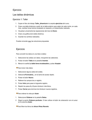 Ejercicio

Las tablas dinámicas

Ejercicio 1: Taller
   1. Copiar el libro de trabajo Taller_dinamicade la carpeta ejercicios del curso.
   2. Crear una tabla dinámica a partir de la tabla anterior para saber de cada coche, en cada
      mes, cuántas horas hemos empleado en repararlo y el desembolso realizado.
   3. Visualizar unicamente las reparaciones del mes de Enero.
   4. Crear una gráfica de la tabla dinámica.
   5. Guardar los cambios realizados.

    Puedes consultar aquí las soluciones propuestas




    Ejercicio

    Para convertir los datos en una lista (o tabla):

   1. Seleccionar las celdas con datos, incluyendo las cabeceras.
   2. Pulsar el botón Tabla de la pestaña Insertar.
   3. Marcar la casilla La tabla tiene encabezados y pulsar Aceptar.

      Para incluir más datos:

   1. Seleccionar alguna celda de la tabla.
   2. SelecionarFormulario... en la barra de acceso rápido.
   3. Pulsar el botón Nuevo.
   4. Rellenar los campos de un registro.
   5. Pulsar Intro para pasar al siguiente registro.
   6. Repetir los pasos 4 y 5 para introducir más libros.
   7. Pulsar Cerrar para terminar de introducir nuevos registros.

      Para ordenar la vista por Autor:

   1. Seleccionar Ordenar en la pestaña Datos.
   2. Elegir la opción Ordenar porAutor. O bien utilizar el botón de ordenación con el cursor
      en la columna Autor.

      Para filtrar los libros de Arturo Pérez Reverte:
 