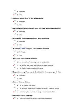 a) Verdadero.

        b) Falso.

2. Podemos aplicar filtros en una tabla dinámica.

        a) Verdadero.

        b) Falso.

3. Las tablas dinámicas cruzan los datos para crear resúmenes más claros.

        a) Verdadero.

        b) Falso.

4. En una tabla dinámica sólo podemos tener sumatorios.

        a) Verdadero.

        b) Falso.

5. El botón             sirve para crear una tabla dinámica.

        a) Verdadero.

        b) Falso.

6. Para poder crear una tabla dinámica..

        a) ...es necesario seleccionar previamente las celdas.

        b) ...se pueden seleccionar las celdas en un paso posterior.

        c) ...no hay que seleccionar ninguna celda.

7. Es posible crear gráficos a partir de tablas dinámicas con un par de clics.

        a) Verdadero.

        b) Falso.

8. Cuando filtramos datos...

        a) ...no se pueden filtrar datos.

        b) ...se tiene que elegir un único valor a visualizar o todos los valores.

        c) ...se tienen que marcar los valores que queremos visualizar.

9. La función Cuenta sirve para...

        a) ...contar el número de veces que aparece un elemento.
 