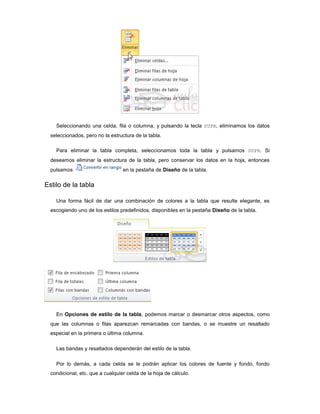 Seleccionando una celda, fila o columna, y pulsando la tecla SUPR, eliminamos los datos
  seleccionados, pero no la estructura de la tabla.

    Para eliminar la tabla completa, seleccionamos toda la tabla y pulsamos SUPR. Si
  deseamos eliminar la estructura de la tabla, pero conservar los datos en la hoja, entonces
  pulsamos                        en la pestaña de Diseño de la tabla.

Estilo de la tabla

    Una forma fácil de dar una combinación de colores a la tabla que resulte elegante, es
  escogiendo uno de los estilos predefinidos, disponibles en la pestaña Diseño de la tabla.




    En Opciones de estilo de la tabla, podemos marcar o desmarcar otros aspectos, como
  que las columnas o filas aparezcan remarcadas con bandas, o se muestre un resaltado
  especial en la primera o última columna.

    Las bandas y resaltados dependerán del estilo de la tabla.

    Por lo demás, a cada celda se le podrán aplicar los colores de fuente y fondo, fondo
  condicional, etc. que a cualquier celda de la hoja de cálculo.
 