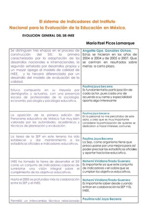 El sistema de indicadores del Instituto 
Nacional para la Evaluación de la Educación en México. 
EVOLUCION GENERAL DEL SIE-INEE 
María Itzel Picos Lamarque 
Se dist inguen t res etapas en el proceso de 
const rucción del SIE: la primera 
caracterizada por la adaptación de los 
desarrollos nacionales e internacionales, la 
segunda señalada por desarrollos propios y 
un mayor apego al modelo de calidad de 
INEE, y la tercera diferenciada por un 
desarrollo del modelo de evaluación de la 
calidad. 
Angelita Gpe. González Ochoa. 
Estas se hicieron en los años de 
2004 a 2004 y de 2005 a 2007. Que 
se cent ran en resultados sobre 
metas a corto plazo. 
Estuvo compuesto en su mayoría por 
demógrafos y actuarios, con una presencia 
escasa de profesionales de la sociología, 
economía, psicología y psicología educativa. 
La aparición de la primera edición del 
Panorama educativo de México fue muy bien 
valorada por las autoridades, académicos y 
técnicos de planeación y evaluación. 
La tarea de la SEP en este terreno ha sido 
establecer y dar mantenimiento a las 
estadísticas oficiales e indicadores educativos. 
INEE ha tomado la tarea de desarrollar el SI E 
como un conjunto de indicadores capaces de 
suministrar una visión integral sobre el 
cumplimiento de los objetivos educativos. 
Hasta el 2005 se profundizo más la colaboración 
entre la SEP y el INEE. 
Permitió un intercambio técnico relacionado 
Paulina joya becerra 
Es fundamental la participación de 
cada actor, pues cada uno de 
acuerdo a su rama y especialidad 
aporta algo interesante 
Paulina joya becerra 
En lo personal no me percataba de este 
dato, y creo que es muy importante 
considerar la participación de quienes se 
dedicaron a trazar intereses comunes 
Paulina Joya Becerra 
La Sep. como organismo tiene que 
preocuparse por una mejora para así 
poder precisar las estadísticas oficiales 
y aportar hacia loe educativo. 
Nohemí Viridiana Tirado Guerrero 
Es importante ya que este conjunto 
de indicadores ven sobre que se 
cumplan los objetivos educativos. 
Nohemí Viridiana Tirado Guerrero 
Es importante saber desde cuando 
entran en colaboración la SEP Y EL 
INEE. 
Paulina rubí Joya Becerra 
 