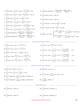 73. sinn
u du = −
1
n
sinn−1
u cosu +
n − 1
n
sinn−2
u du
74. cosn
u du =
1
n
cosn−1
u sinu +
n − 1
n
cosn−2
u du +C
75. tann
u du =
1
n − 1
tann−1
u − tann−2
u du
76. cotn
u du = −
1
n − 1
cotn−1
u + cotn−2
u du +C
77. secn
u du =
1
n − 1
tanu secn−2
u +
n − 2
n − 1
secn−2
u du
78. cscn
u du = −
1
n − 1
cotu cscn−2
u +
n − 2
n − 1
cscn−2
u du
79. sin(au )sin(bu)du =
sin[(a −b)u]
2(a −b)
−
sin[(a +b)u]
2(a +b)
+C
80. cos(au)cos(bu)du =
sin[(a −b)u ]
2(a −b)
+
sin[(a +b)u]
2(a +b)
+C
81. sin(au )cos(bu)du = −
cos[(a −b)u]
2(a −b)
−
cos[(a +b)u ]
2(a +b)
+C
82. u sinu du = sinu − u cosu +C
83. u cosu du = cosu + u sinu +C
84. u n
sinu du = −u n
cosu + n un−1
cosu du
85. u n
cosu du = un
sinu − n un−1
sinu du
86. sinn
u cosm
u du =



−
sinn−1
u cosm+1 u
n + m
+
n − 1
n + m
sinn−2
u cosm
u du
sinn+1
u cosm−1 u
n + m
+
m − 1
n + m
sinn
u cosm−2
u du
FORMAS TRIGONOMÉTRICAS INVERSAS
87. sin−1
u du = u sin−1
u + 1 − u2 +C
88. cos−1
u du = u cos−1
u − 1 − u 2 +C
89. tan−1
u du = u tan−1
u −
1
2
ln 1 + u2
+C
90. u sin−1
u du =
2u 2 − 1
4
sin−1
u +
u 1 − u2
4
+C
91. u cos−1
u du =
2u2 − 1
4
cos−1
u −
u 1 − u2
4
+C
92. u tan−1
u du =
u2 + 1
2
tan−1
u −
u
2
+C
93. u n
sin−1
u du =
1
n + 1

un+1
sin−1
u −
u n+1 du
1 − u2

, n = 1
94. u n
cos−1
u du =
1
n + 1

un+1
cos−1
u +
un+1 du
1 − u2

, n = 1
95. u n
tan−1
u du =
1
n + 1
un+1
tan−1
u −
u n+1 du
1 + u2
, n = 1
FORMAS EXPONENCIALES Y LOGARÍTMICAS
96. u eau
du =
1
a2
(au − 1)eau
+C
97. un
eau
du =
1
a
u n
eau
−
n
a
u n−1
eau
du
98. eau
sin(bu)du =
eau
ab +b2
(a sin(bu) −b cos(bu)) +C
99. eau
cos(bu)du =
eau
a2 +b2
(a cos(bu)+b sin(bu )) +C
100. lnu du = u lnu − u +C
101. u n
lnu du =
un+1
(n + 1)2
[(n + 1)lnu − 1] +C
102.
du
u lnu
= ln|lnu | +C
FORMAS HIPERBÓLICAS
103. sinhu du = coshu +C
104. coshu du = sinhu +C
105. tanhu du = ln(coshu) +C
106. cothu du = ln|sinhu | +C
www.aprendematematicas.org.mx 3/4
 