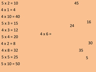 4 x 6 =
24
16
30
5
45
35
5 x 2 = 10
4 x 1 = 4
4 x 10 = 40
5 x 3 = 15
4 x 3 = 12
5 x 4 = 20
4 x 2 = 8
4 x 8 = 32
5 x 5 = 25
5 x 10 = 50
 