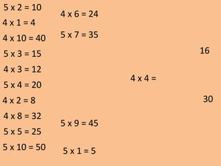 4 x 4 =
16
30
5 x 2 = 10
4 x 1 = 4
4 x 10 = 40
5 x 3 = 15
4 x 3 = 12
5 x 4 = 20
4 x 2 = 8
4 x 8 = 32
5 x 5 = 25
5 x 10 = 50
4 x 6 = 24
5 x 7 = 35
5 x 1 = 5
5 x 9 = 45
 