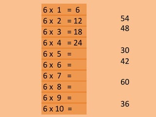 6 x 1 = 6
48
30
36
60
42
6 x 2 = 12
6 x 3 = 18
6 x 10 =
6 x 9 =
6 x 8 =
6 x 7 =
6 x 6 =
6 x 5 =
6 x 4 = 24
54
 
